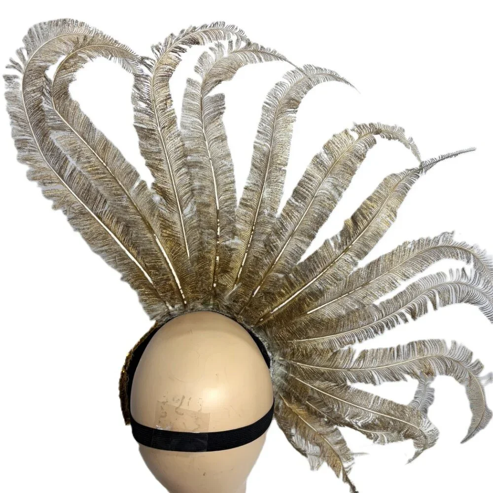 Showgirl Carnival Feather Gold White Mask Headdress Deluxe Vintage
